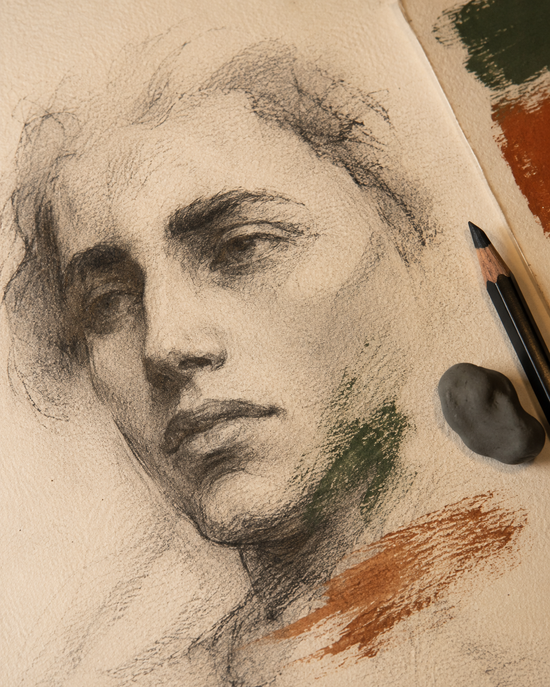 Retrato artístico desenhado a carvão sobre papel